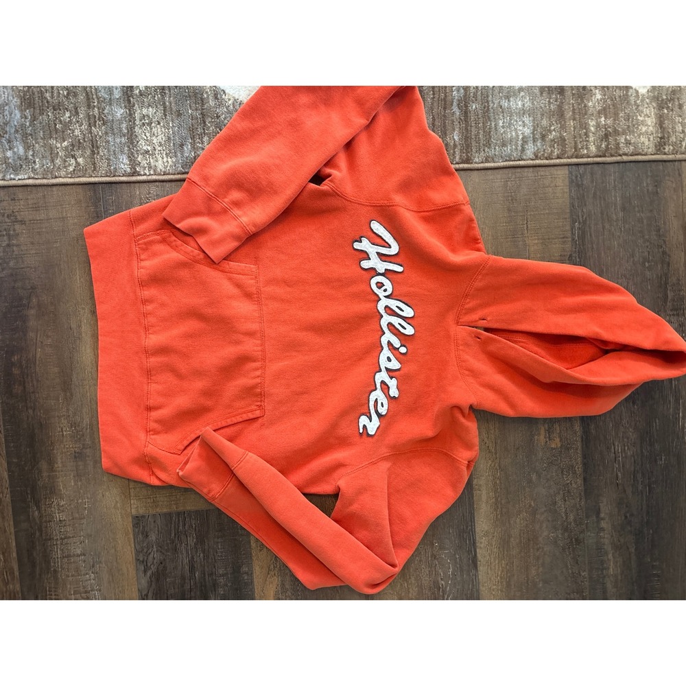Hollister Sporty Fleece Orange Pullover Hoodie Chenille Logo Small Vintage Y2K